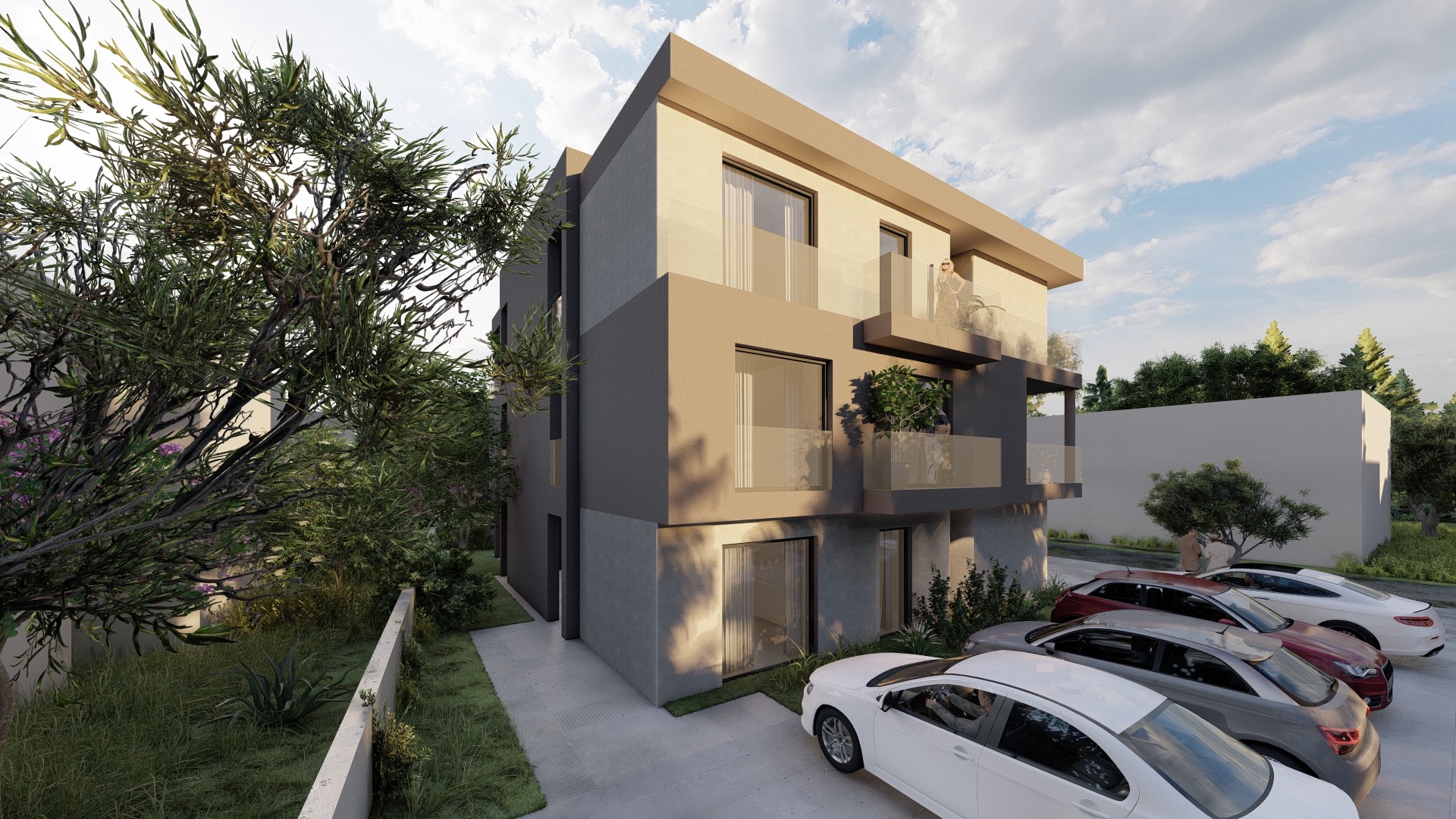 Rear terraces and parking